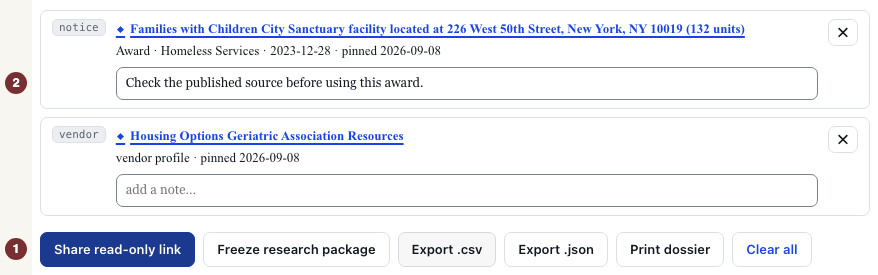 Sous anglè: Investigation workspace with file exports above a pinned award and a disposable example note.