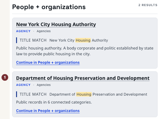 英文原文：Housing search results showing the Housing Preservation and Development agency entry.