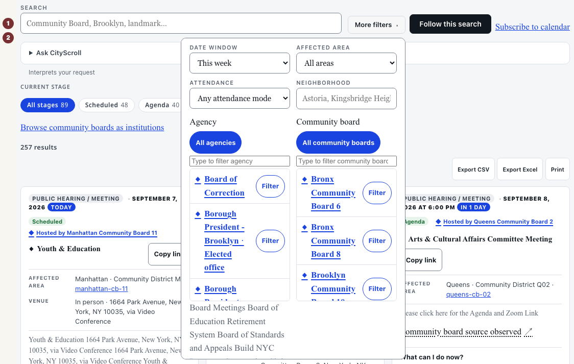 انگریزی ماخذ: Meeting list filters expanded above the results.