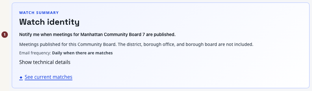 Sous anglè: The watch summary identifies Manhattan Community Board 7 in a disposable preview.
