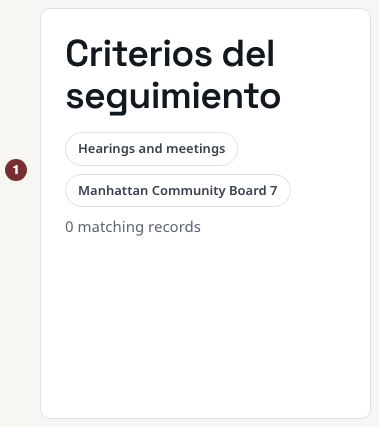 Criterios del seguimiento indica el tema y la Junta Comunitaria 7 de Manhattan.