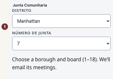 Selector de Junta Comunitaria con Borough en Manhattan y Número de junta en 7.
