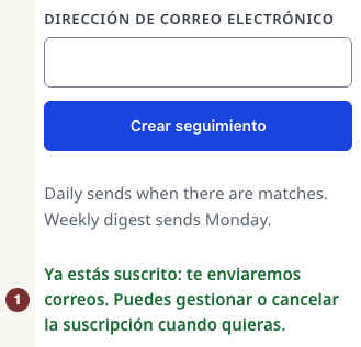 Ejemplo desechable de guardado correcto con la confirmación de suscripción y un campo de correo vacío.