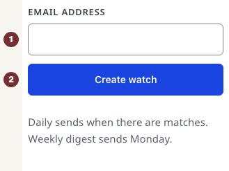 Sous anglè: Create this watch form with an empty Email address and Create watch button.