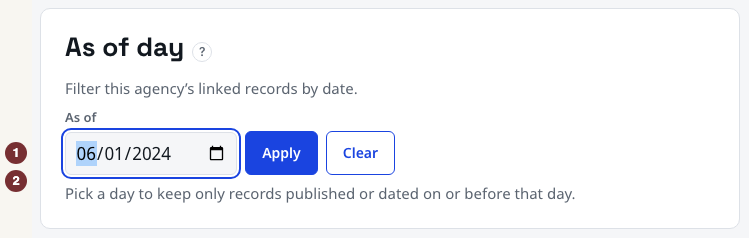 انگریزی ماخذ: As of day panel with date field filled and Apply beside it.