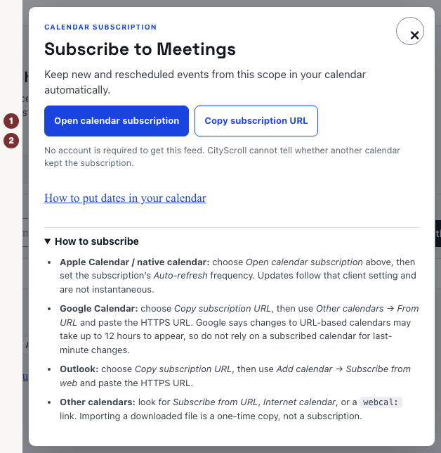 Sous anglè: Calendar subscription panel naming Meetings and showing the open and copy options.