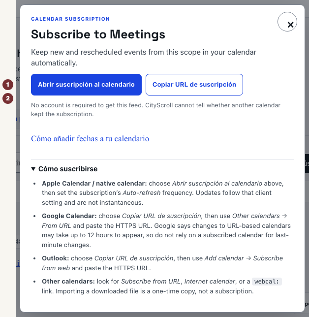 Panel de suscripción al calendario que identifica Meetings y muestra las opciones de abrir y copiar.