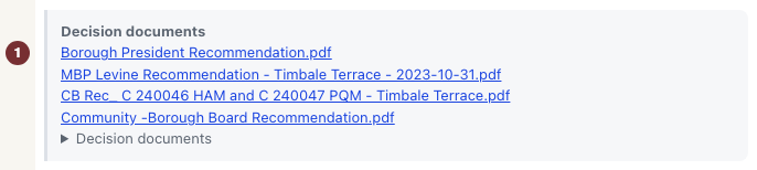 Английский источник: Decision documents for Timbale Terrace with links to the published files.
